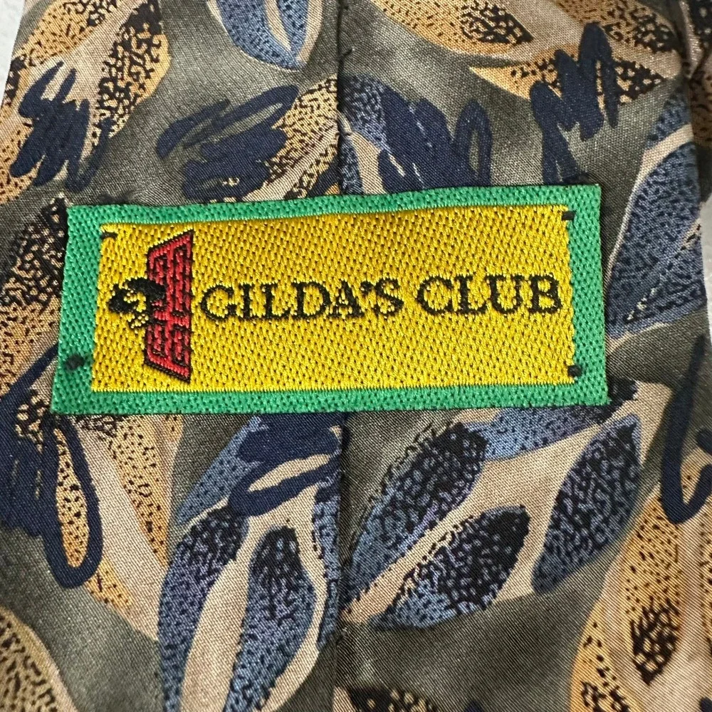 Gilda's‎ Club Mens Silk Necktie Abstract Leaf Pattern Olive Navy Tan Vintage USA